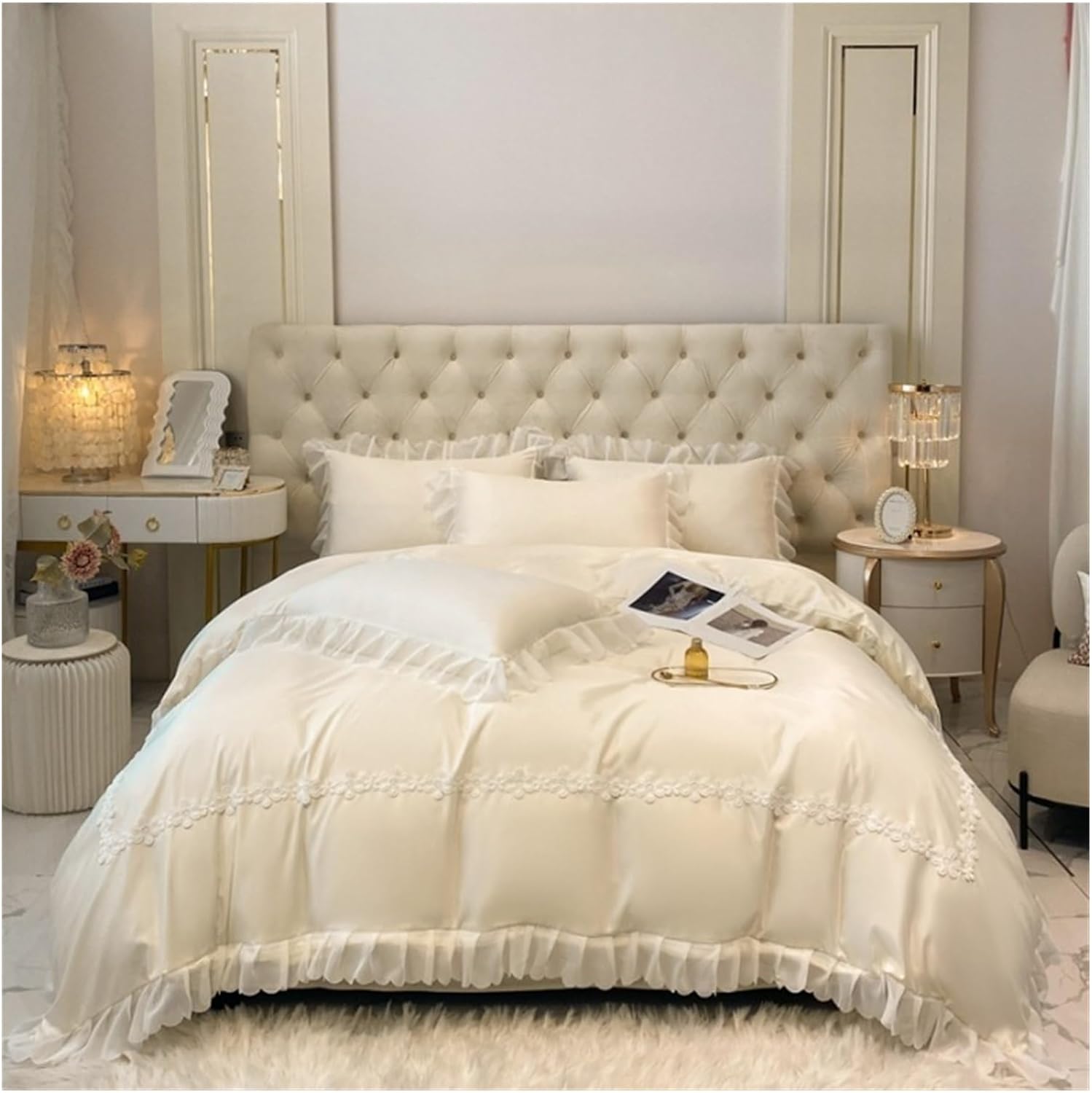 Luxury Cotton Satin Frilled Duvet Set With Lace - Creem - Aura living