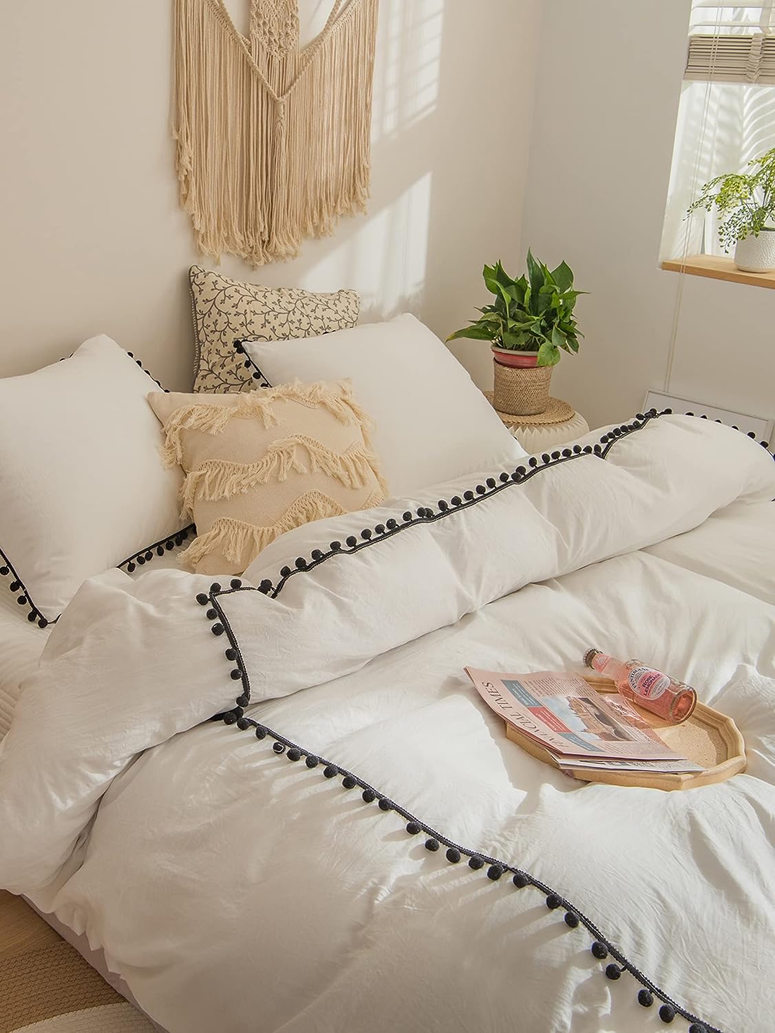 Luxury Cotton Satin Pom Fringe Duvet Cover Set- White With Black Pom Pom - Aura living