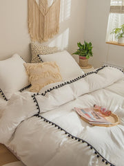 Luxury Cotton Satin Pom Fringe Duvet Cover Set- White With Black Pom Pom - Aura living