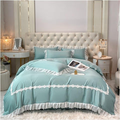 Luxury Cotton Satin Frilled Duvet Set With Lace - Bean Green - Aura living