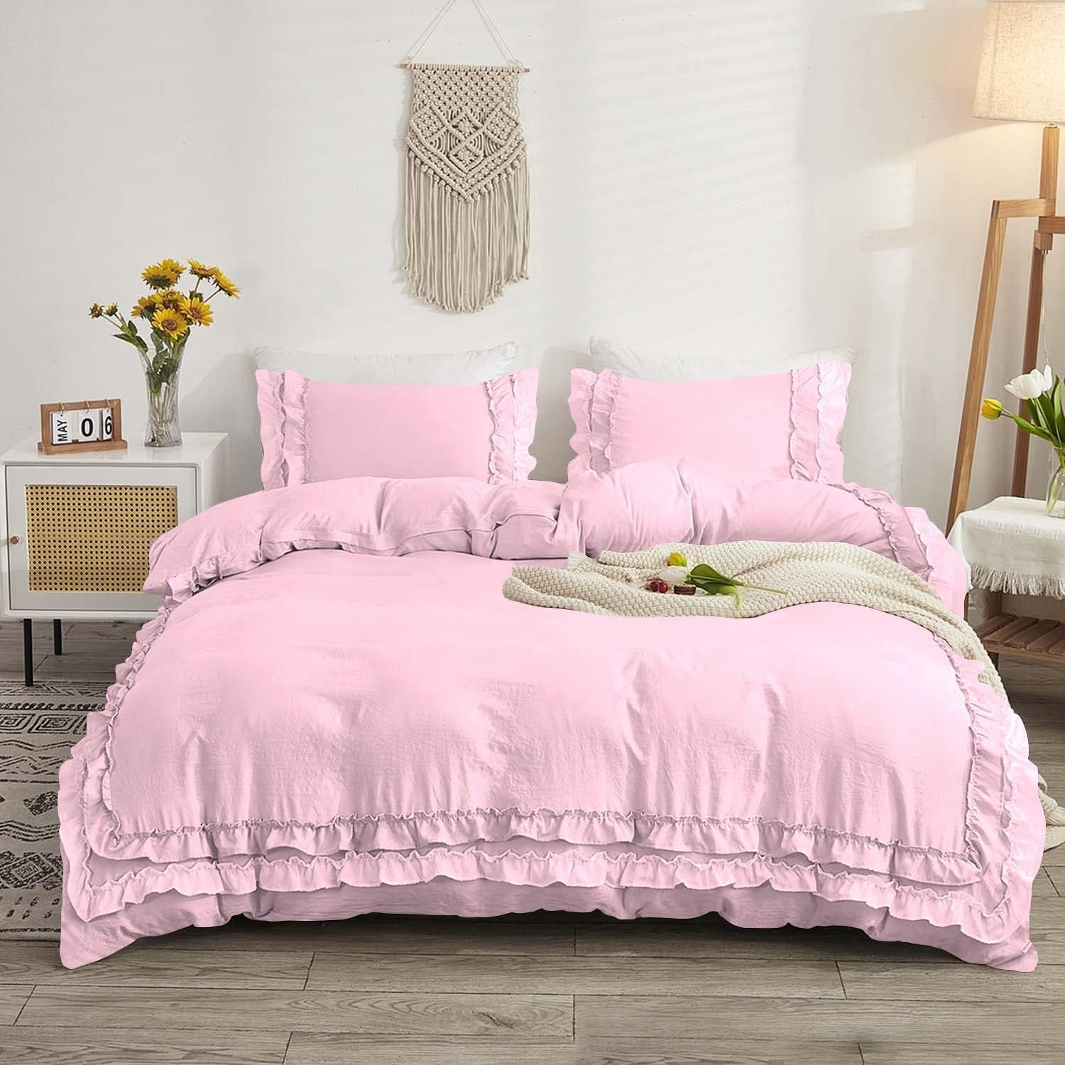 Luxury Cotton Frilled Duvet Set -Pink - Aura living