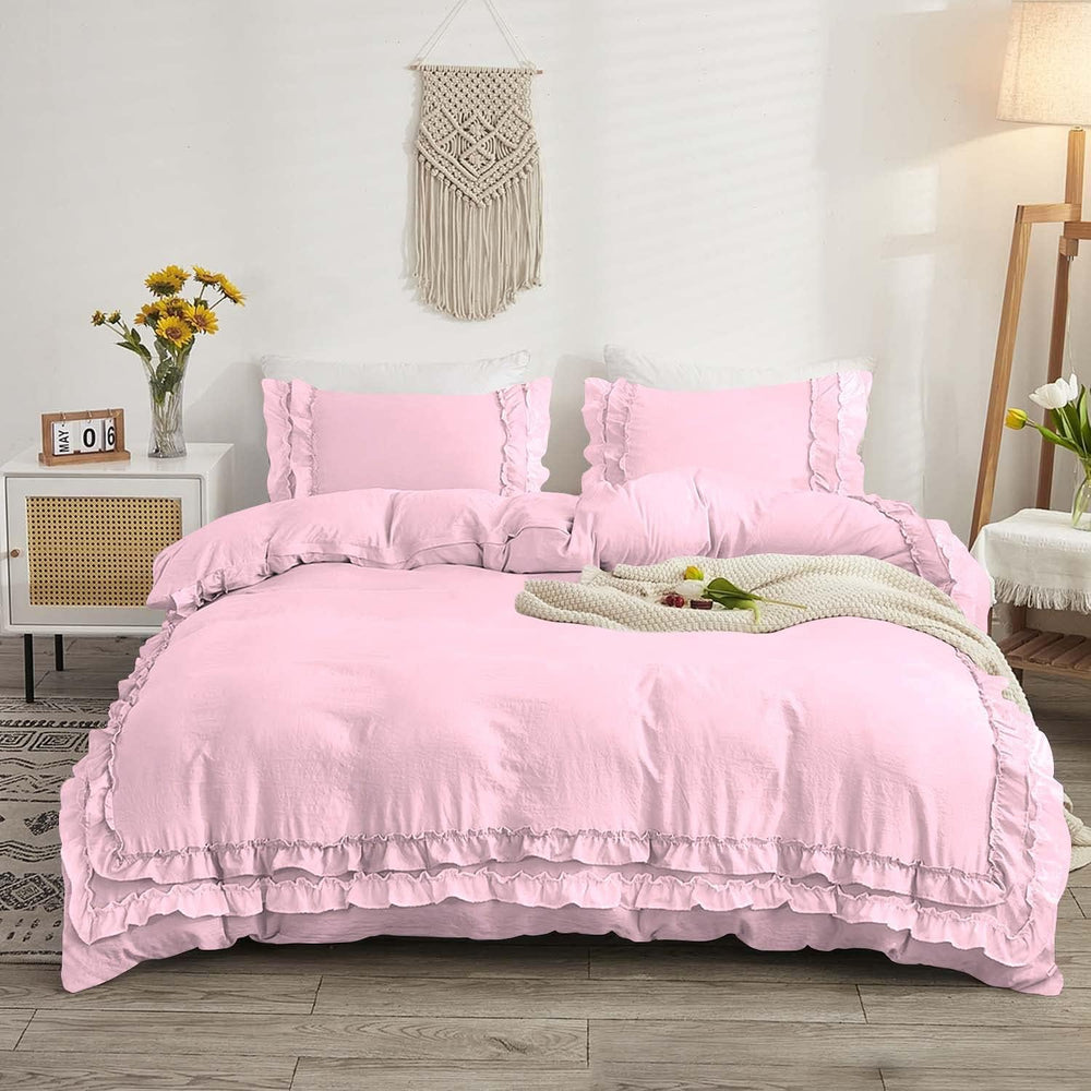 Luxury Cotton Frilled Duvet Set -Pink - Aura living
