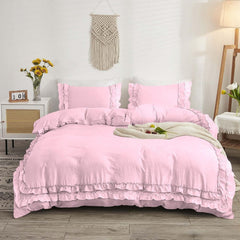 Luxury Cotton Frilled Duvet Set -Pink - Aura living