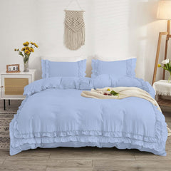 Luxury Cotton Frilled Duvet Set -Sky Blue - Aura Living