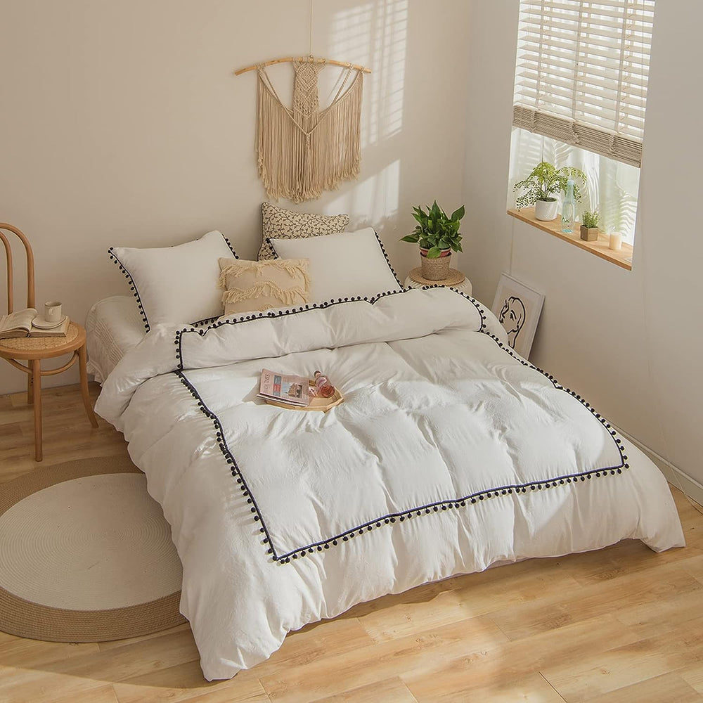 Luxury Cotton Satin Pom Fringe Duvet Cover Set- White With Black Pom Pom - Aura Living