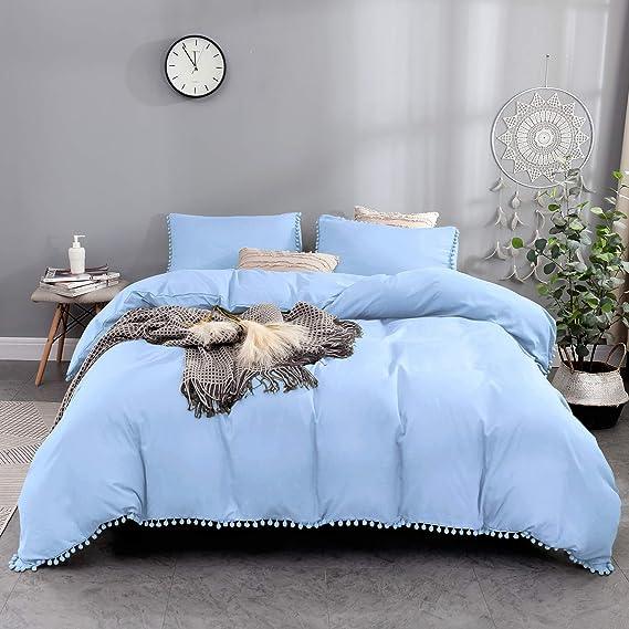 Plain Cotton Duvet Cover Set With Pom Poms