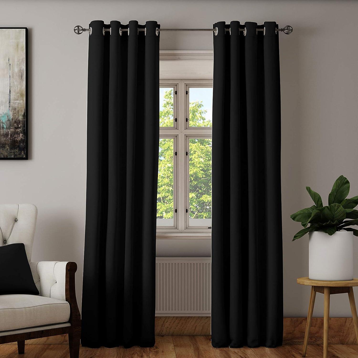 2 PC Plain Dyed Eyelet Curtains with lining-Black - Aura living