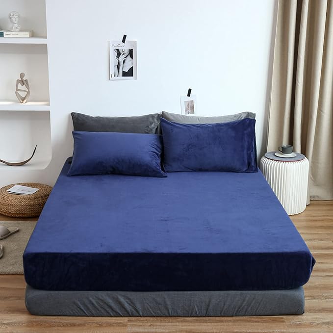 Velvet Fitted Sheet Set - Navy Blue - Aura living
