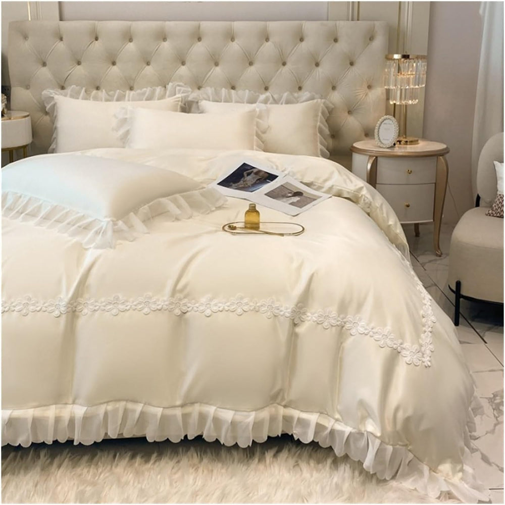Luxury Cotton Satin Frilled Duvet Set With Lace - Creem - Aura Living