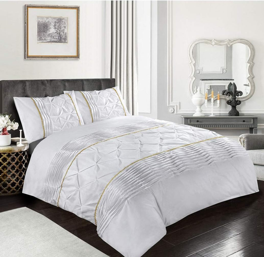 Luxury Cotton Satin Pintuck And Pleated Duvet Cover Set - White - Aura Living