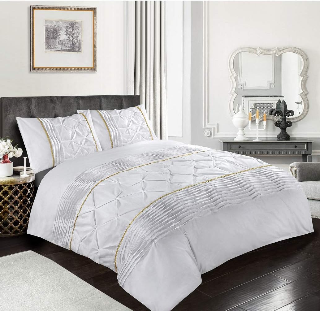 Luxury Cotton Satin Pintuck And Pleated Duvet Cover Set - White - Aura Living