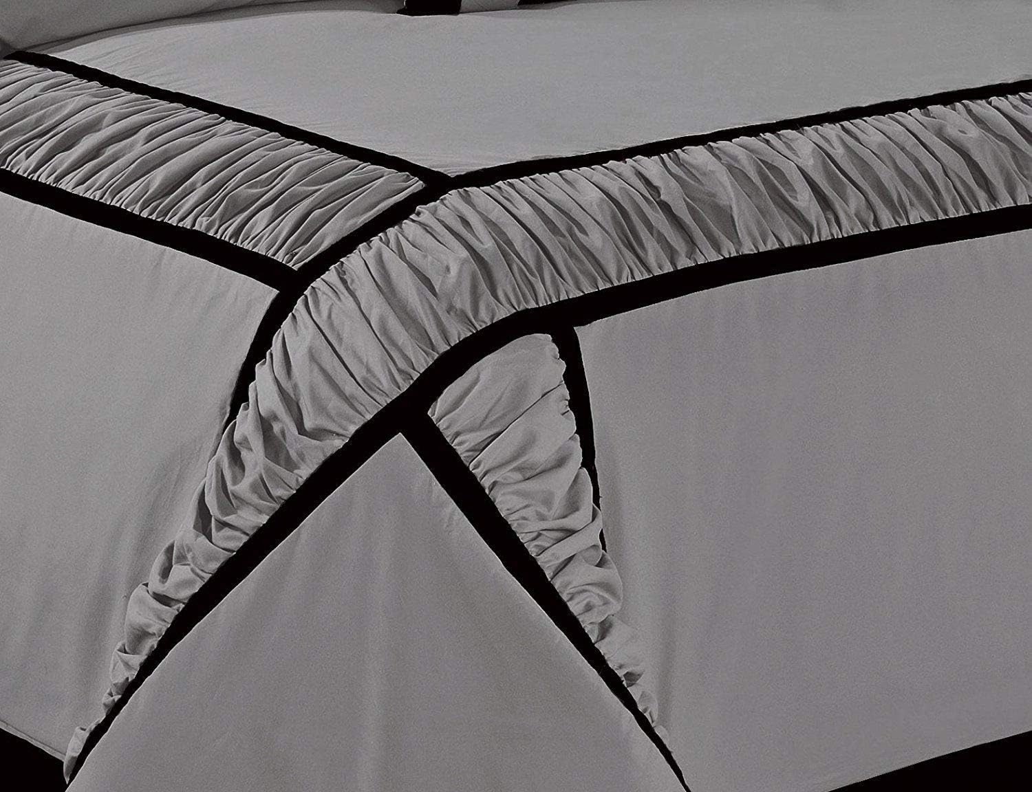 7 pcs Luxury Satin 400 Tc Ruffle and Patchwork Duvet Cover Silver Grey