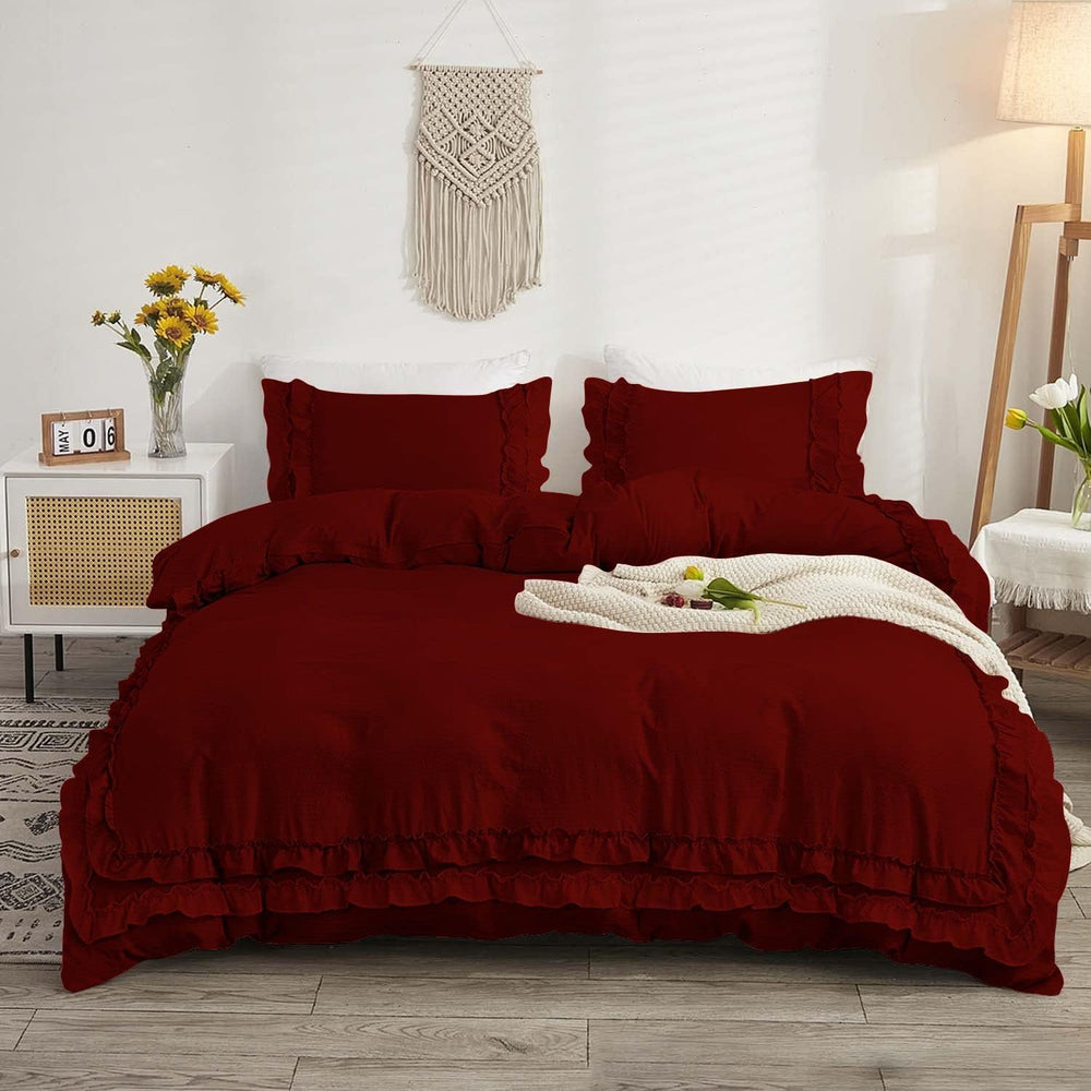 Luxury Cotton Frilled Duvet Set -Burgundy - Aura Living