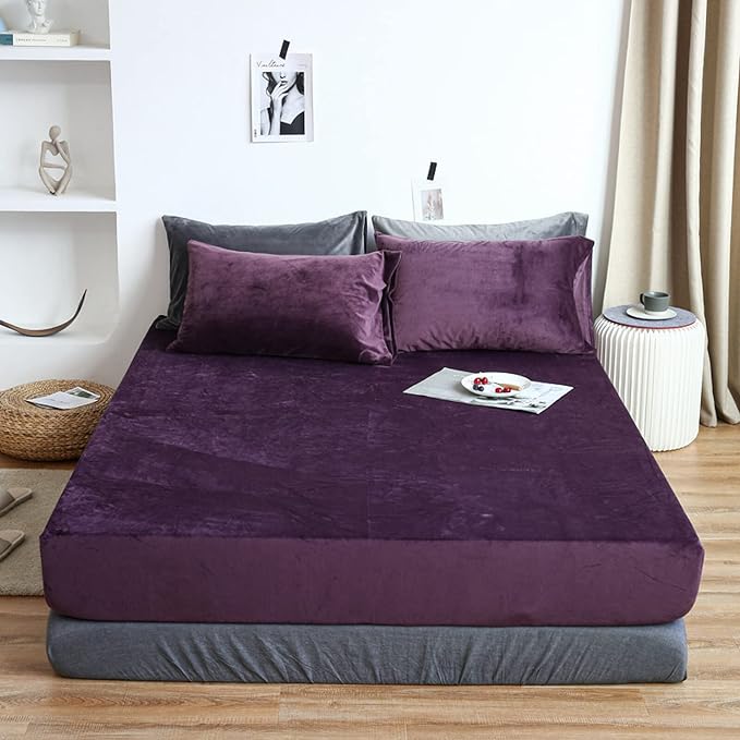 Velvet Fitted Sheet Set - Dark Purple - Aura living