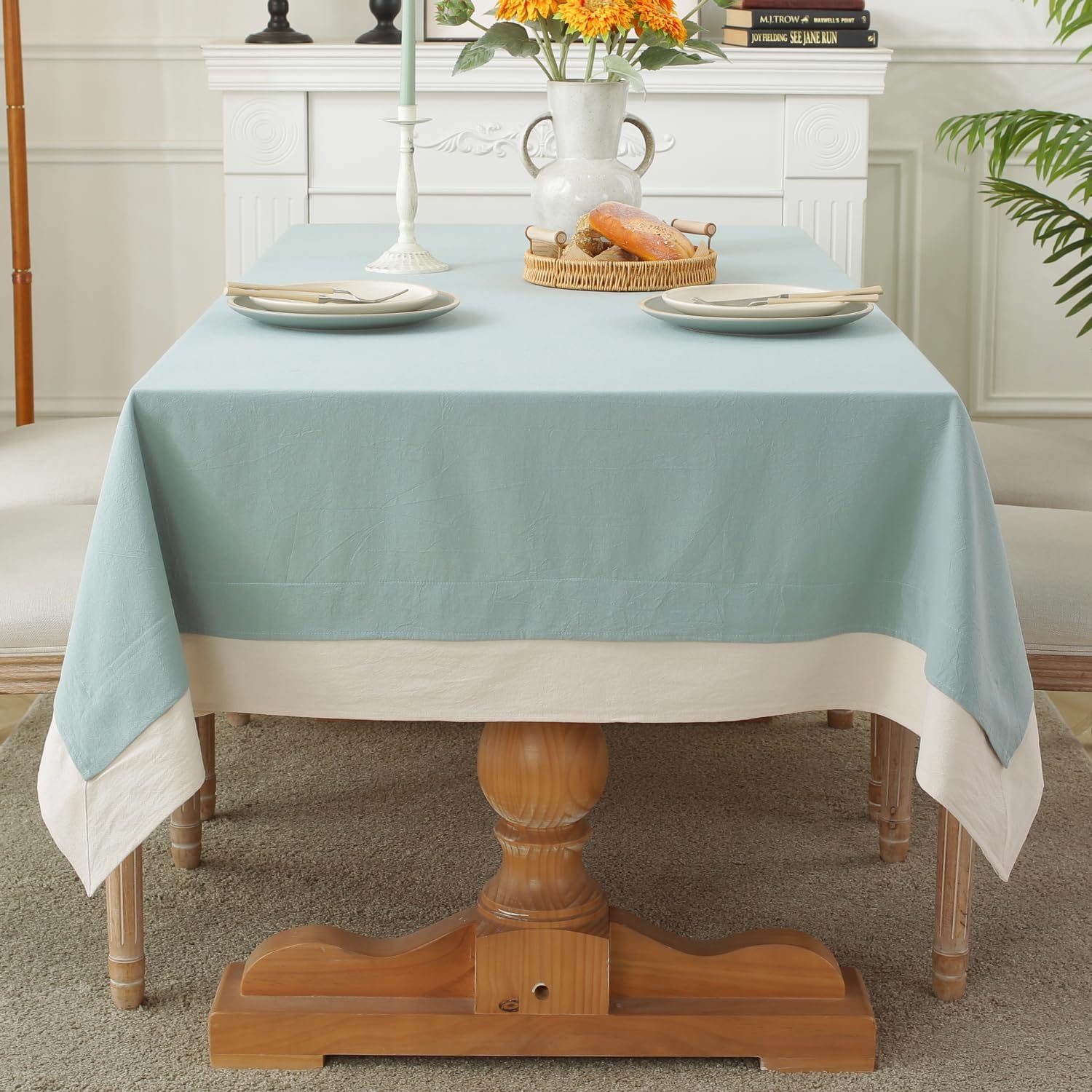 Decorative Tablecloth - Sea Blue With White Bordered - Aura Living