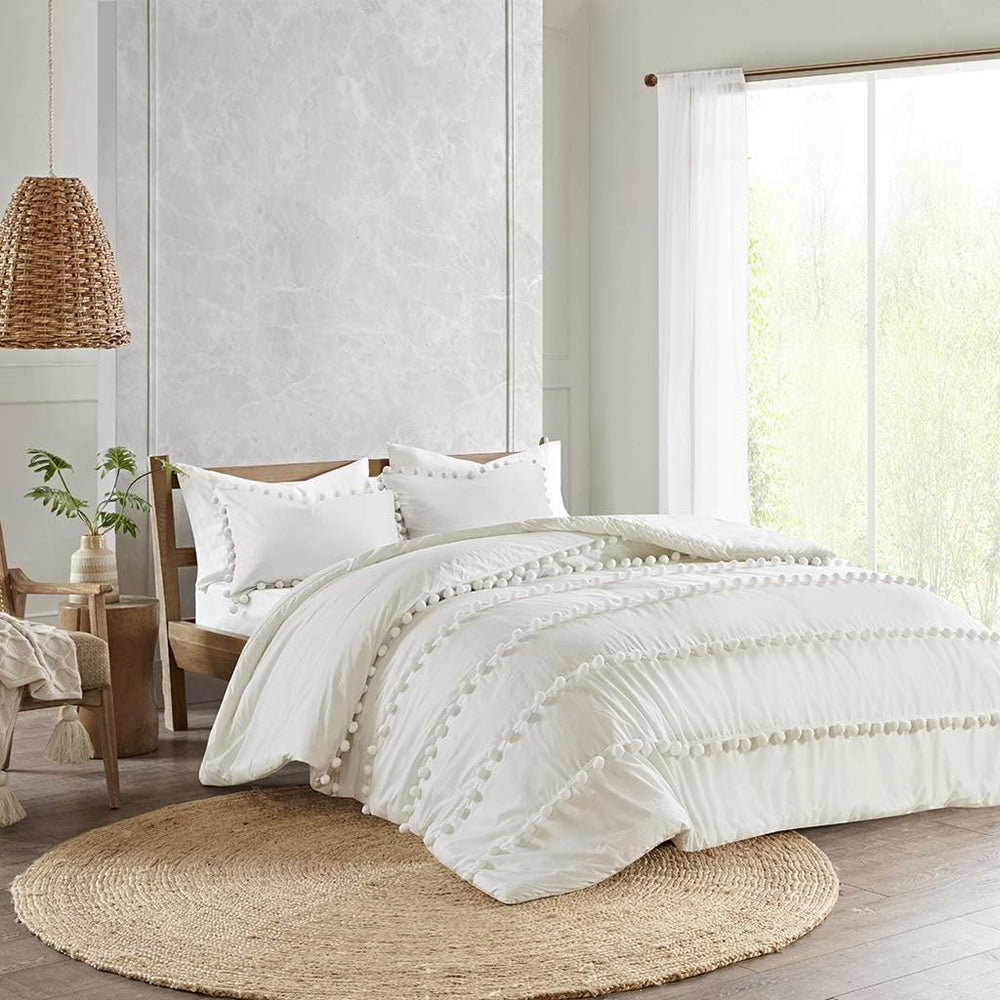 Luxury Cotton Satin Pom Fringe Duvet Cover Set- White And White - Aura Living