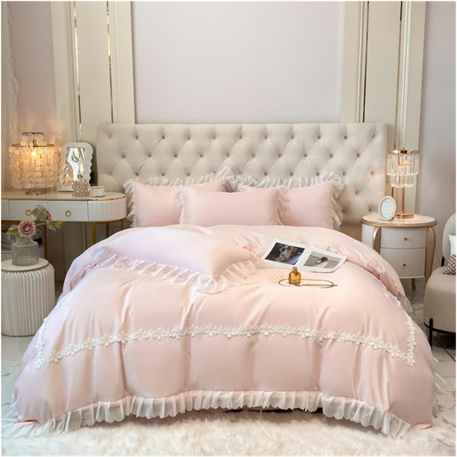 Luxury Cotton Satin Frilled Duvet Set With Lace - Light Pink - Aura Living
