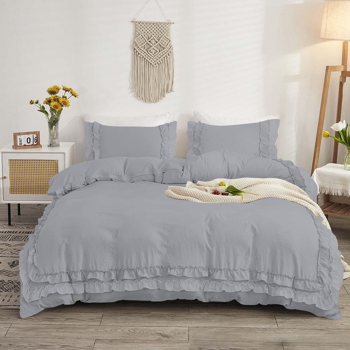 Luxury Cotton Frilled Duvet Set-Grey - Aura Living