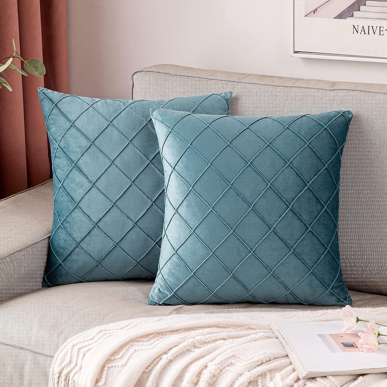 Pack of 2 Velvet Decorative Pin Pleated Square Cushions - Aura Living