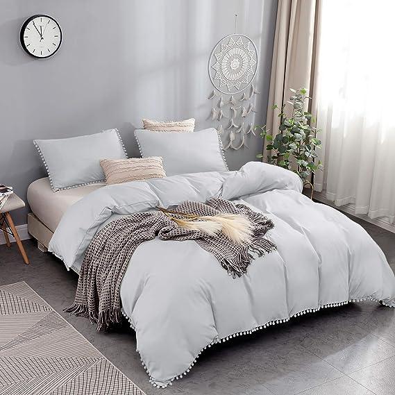 Luxury Cotton Satin Pom Fringe Duvet Cover Set - Silver - Aura Living