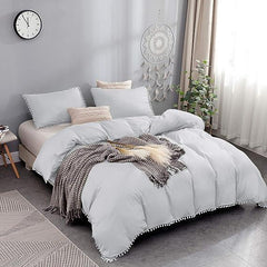 Luxury Cotton Satin Pom Fringe Duvet Cover Set - Silver - Aura Living