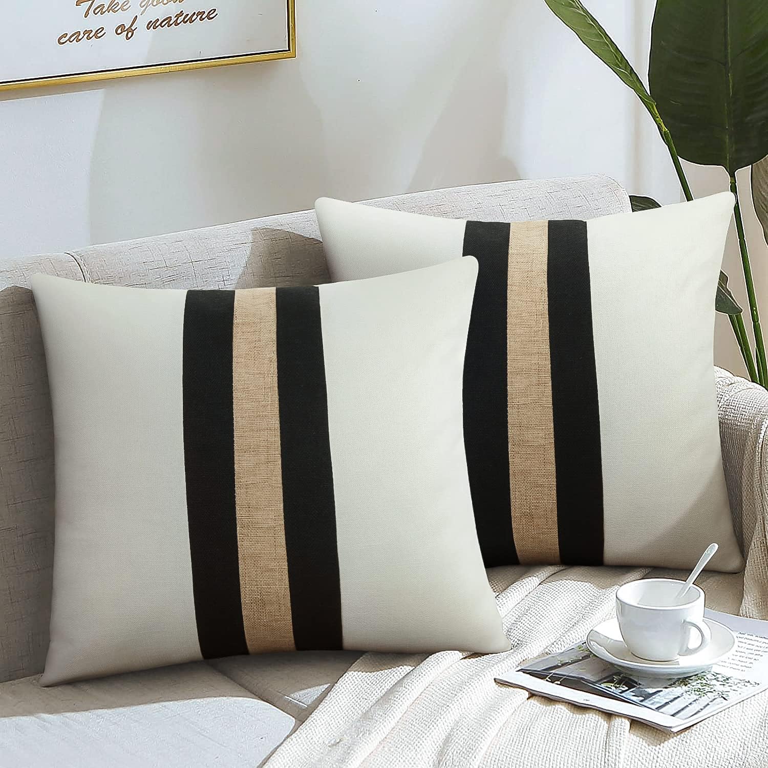 Pack of 2 Boho Modern Accent Jute Striped Cushion Cover Black and Beige Strip - Aura living