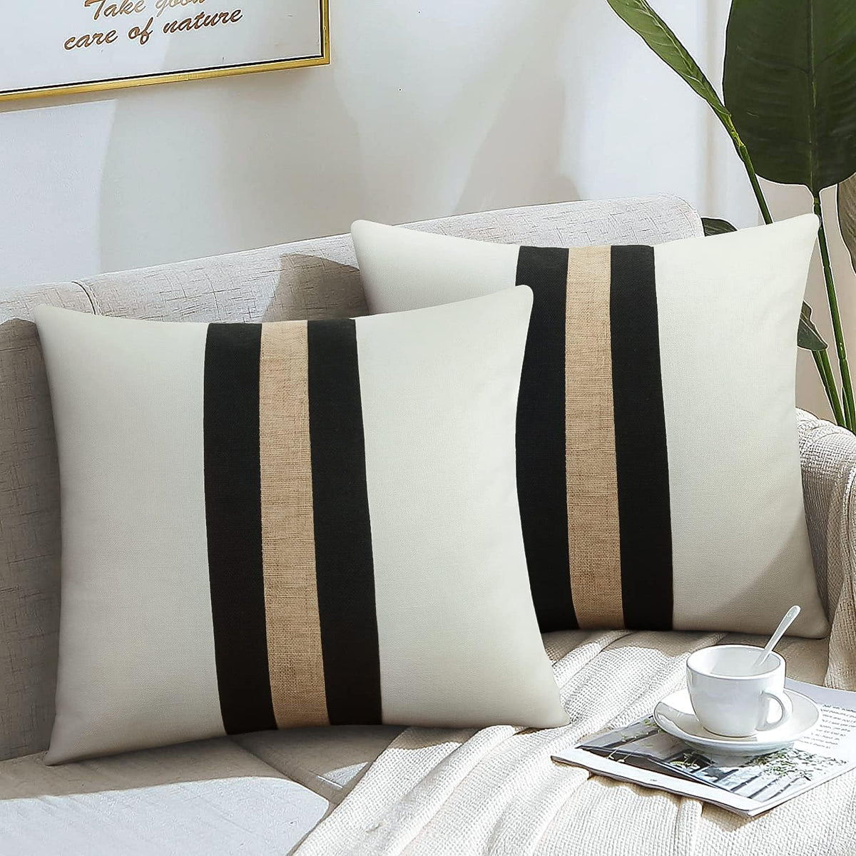 Pack of 2 Boho Modern Accent Jute Striped Cushion Cover Black and Beige Strip - Aura living