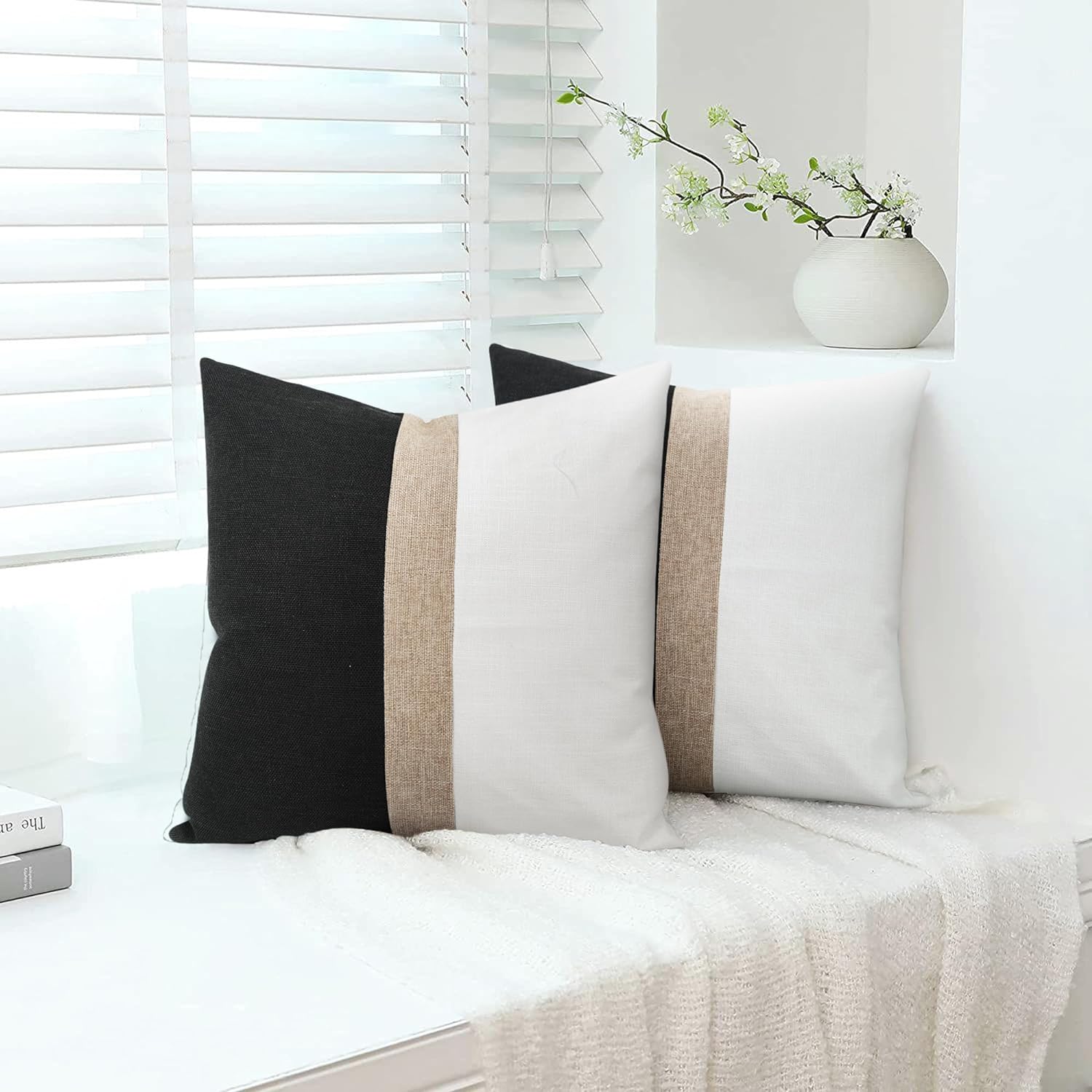 JASEN Beige Strip Black and White Decorative Jute Cushion Cover - Aura Living