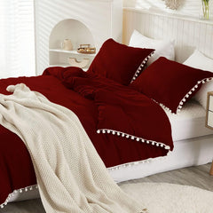 Luxury Cotton Satin Pom Fringe Duvet Cover Set-Burgundy - Aura Living
