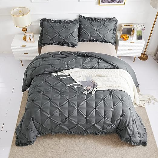 Luxury Satin Pintuck Duvet Cover Set - Charcoal Grey - Aura Living