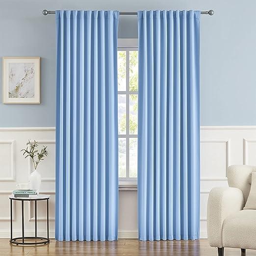 2 PC Plain Dyed Eyelet Curtains with lining-Light Blue - Aura living
