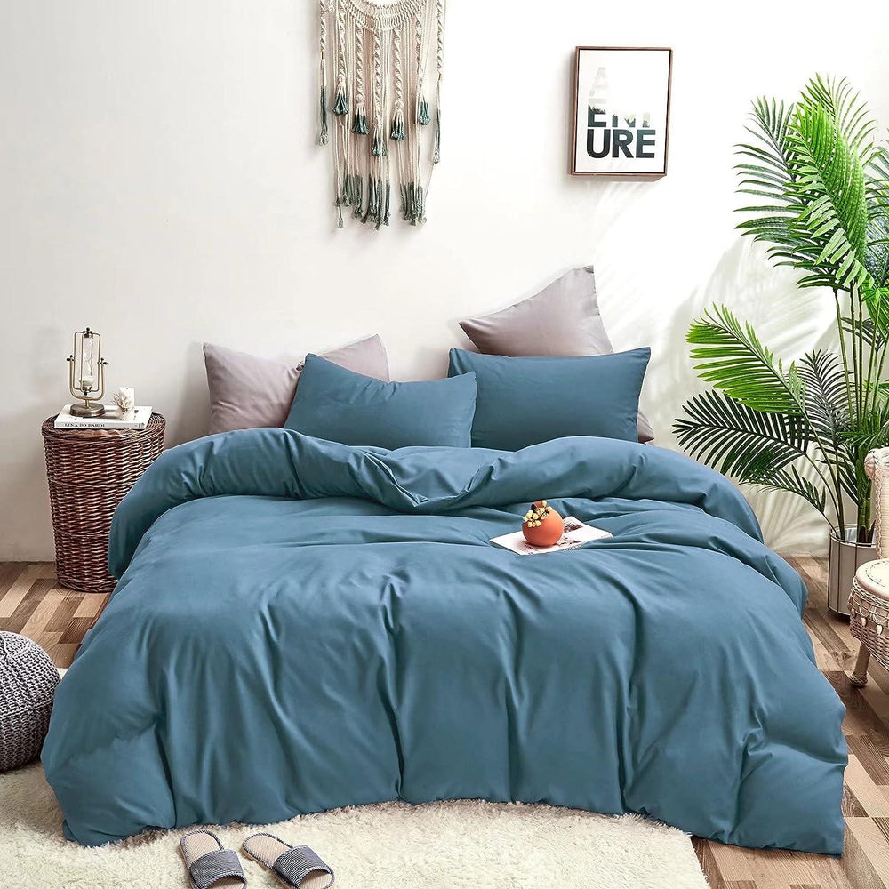 Plain Dyed Duvet Cover Set-Lake Blue - Aura Living