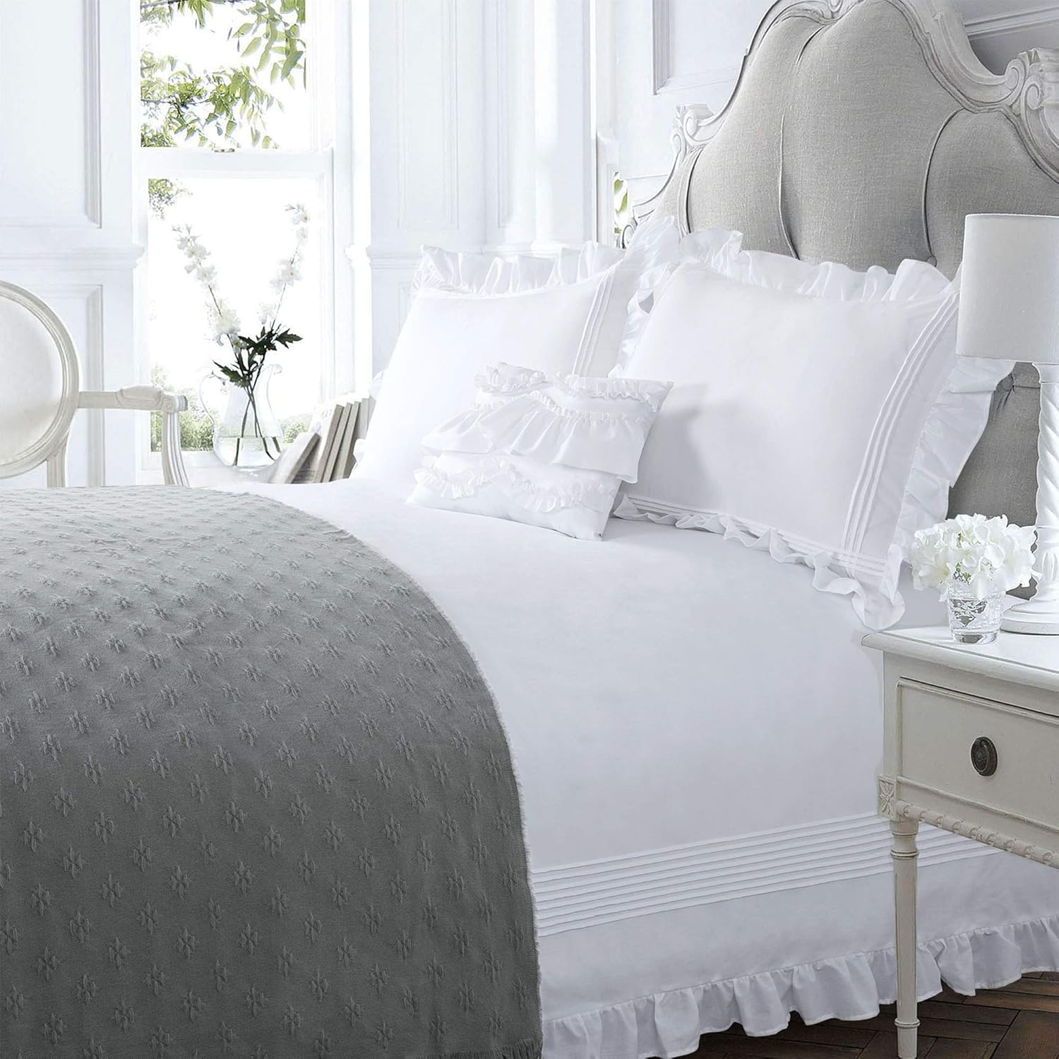 Luxury Satin 400 Tc Ruffle With Pleated Duvet Cover White