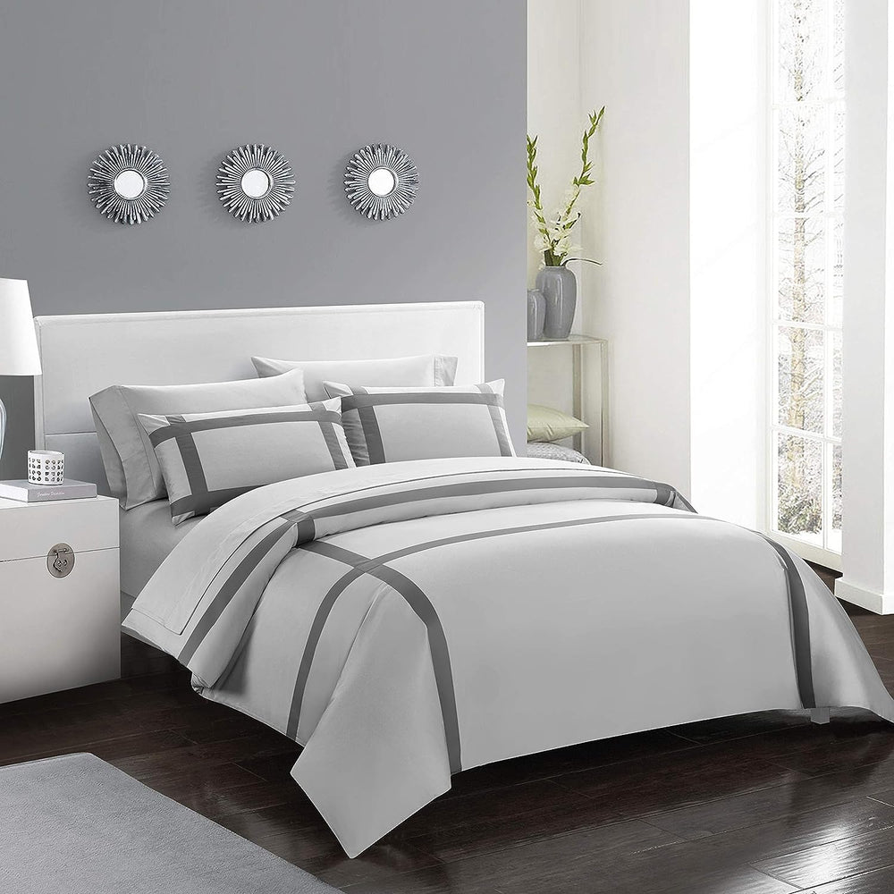 Luxury Multi Box Egyptian Cotton Duvet Set - Silver With Grey Strip - Aura Living