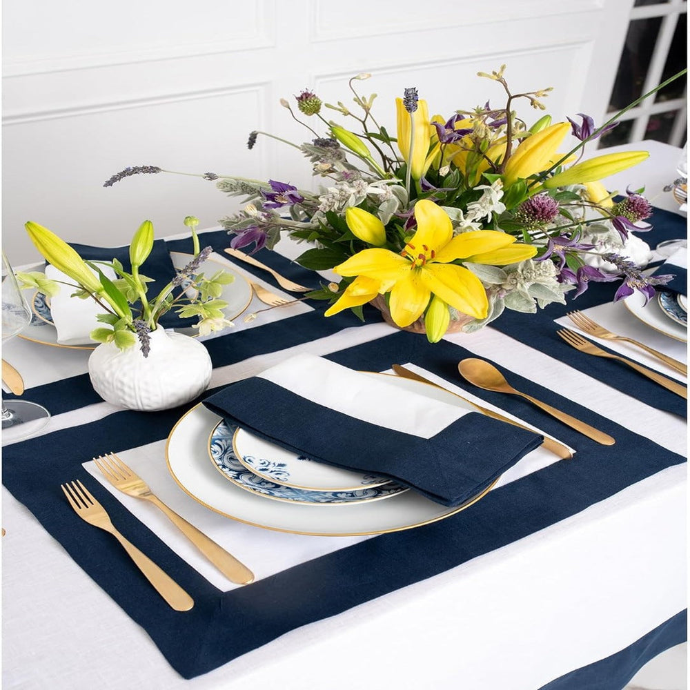 Cotton Luxury Dining Set Mited Corner Bordered - Navy and White - Aura living