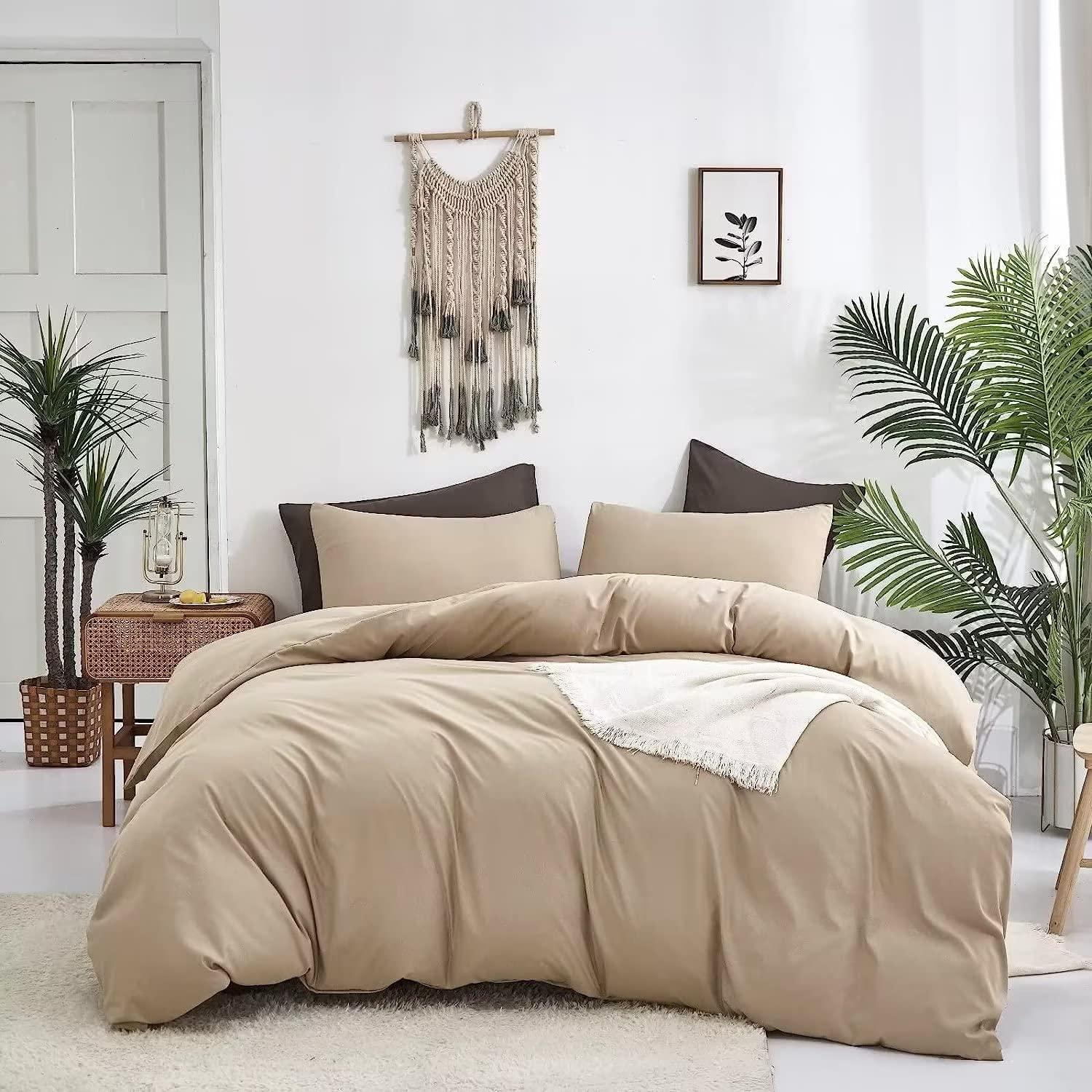 Plain Dyed Duvet Cover Set-Beige - Aura Living