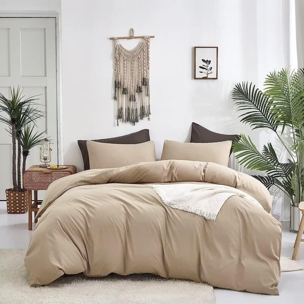 Plain Dyed Duvet Cover Set-Beige - Aura Living
