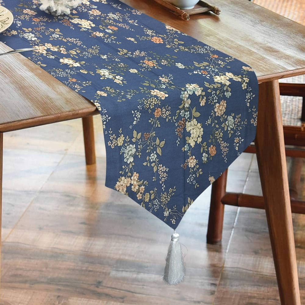 Durable Cotton Duck Printed Table Runner With Tesals -Night Garden Blue