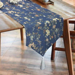 Durable Cotton Duck Printed Table Runner With Tesals -Night Garden Blue