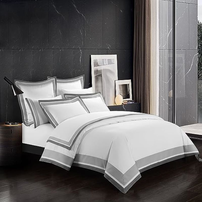 White And mid Grey Bordered Luxury Egyptian Cotton Duvet Set - Aura living