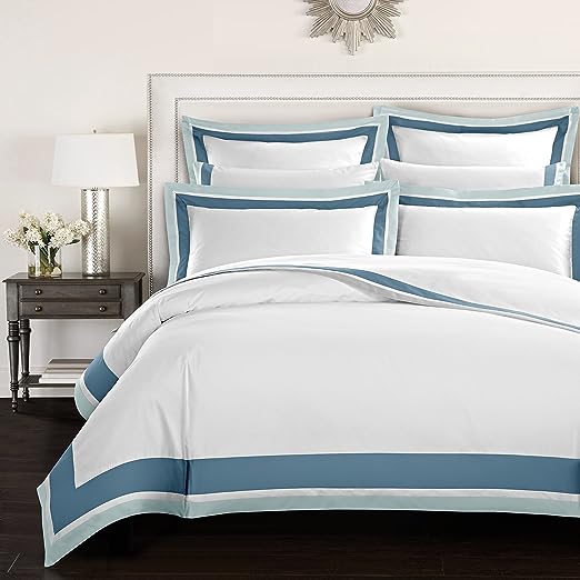 White And Aqua Bordered Luxury Egyptian Cotton Duvet Set - Aura Living