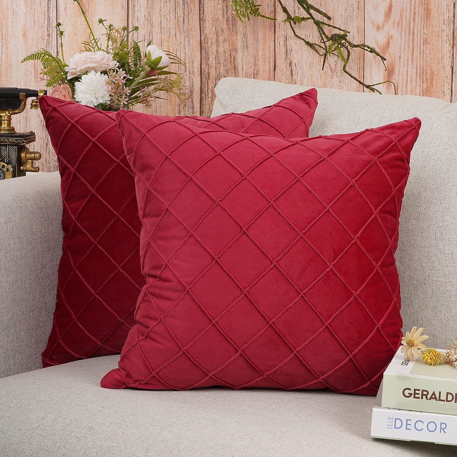 Pack of 2 Velvet Decorative Pin Pleated Square Cushions - Aura Living