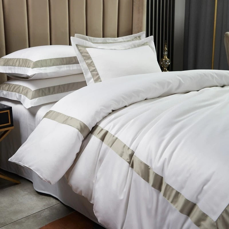 White with Beige Hotel Style Cotton Satin Duvet Set - Aura living