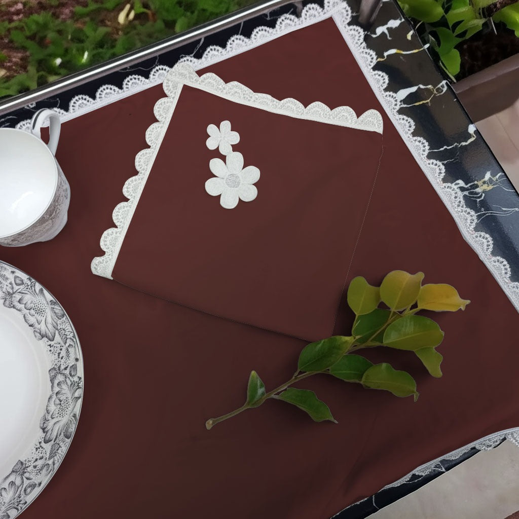 9 PCS TROLLEY MAT AND NAPKIN SET WITH LACE -BROWN