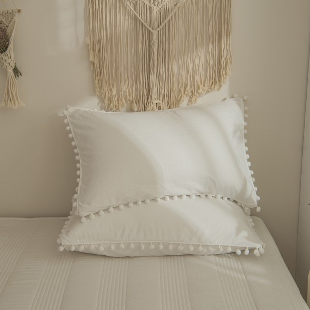 Luxury Cotton Satin Pom Fringe Duvet Cover Set- Dove White - Aura Living