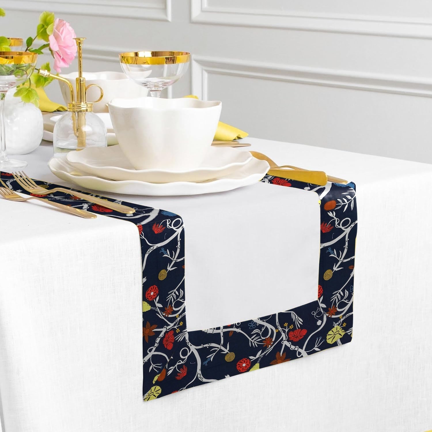 Cotton With Printed Border Reversable Table Runner -