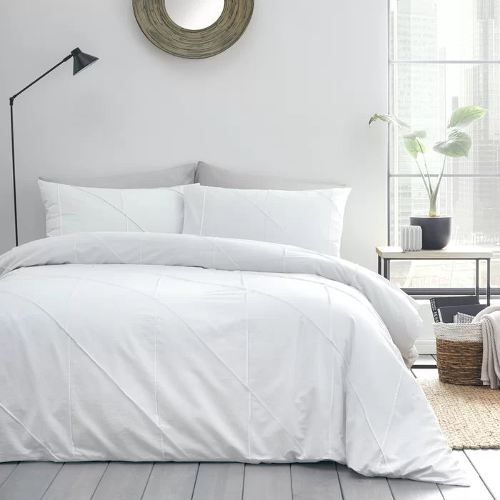 Geometric Pleated Cotton Satin Duvet Cover Set - White - Aura Living