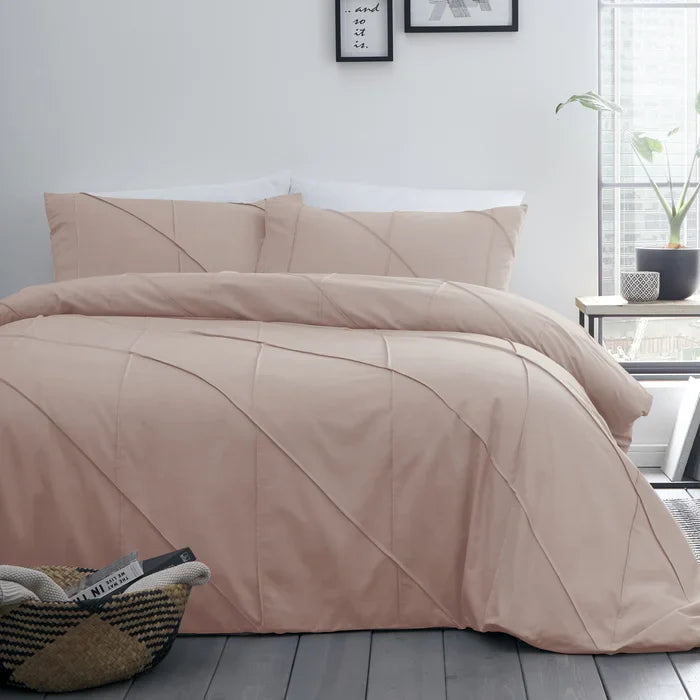 Geometric Pleated Cotton Satin Duvet Cover Set - Blush - Aura Living