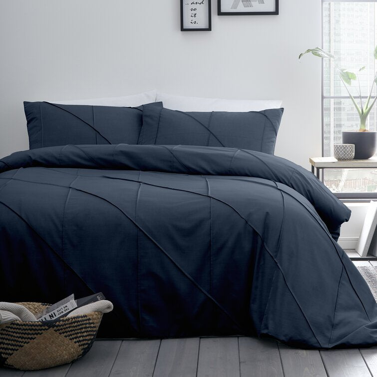 Geometric Pleated Cotton Satin Duvet Cover Set - Black - Aura living