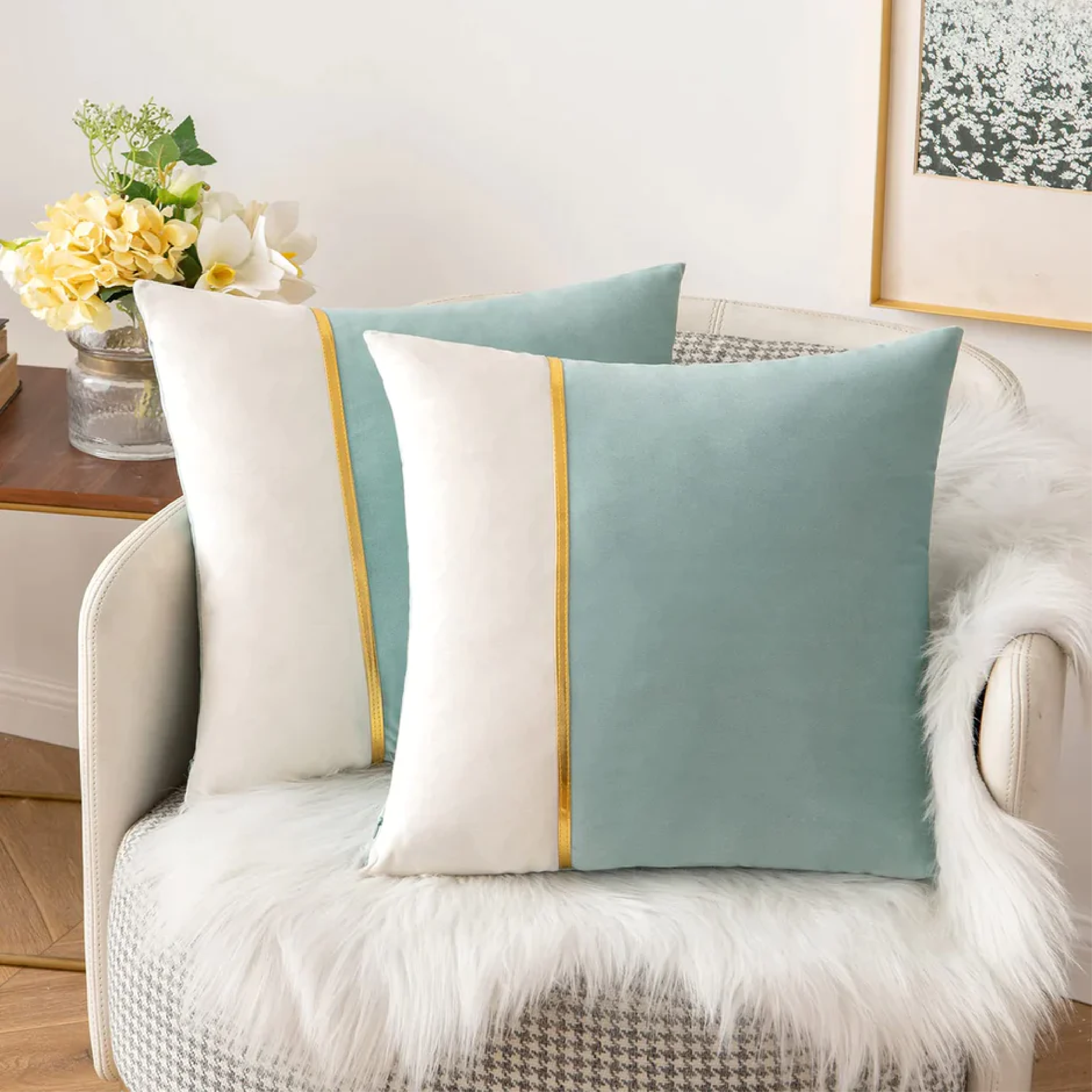 Pack Of 2 Velvet Patchwork with Golden Ribon Cushions - Aura Living